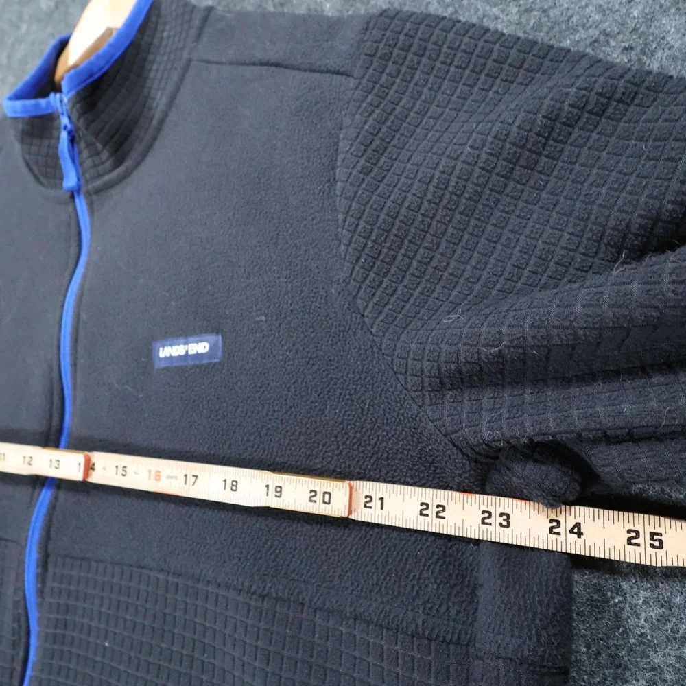 Lands' End Fleece‎ Jacket Mens Large Black Excellent Grid Texture Full Zip